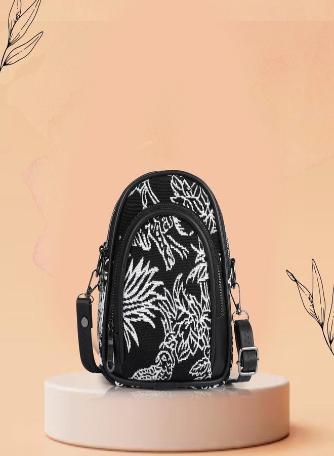 CULT FACTORY Fancy Black Sling Bag for Women Floral Print Side Purse for Girls with 3 Compartments and Long Belt Mobile Slingbag - Image 4